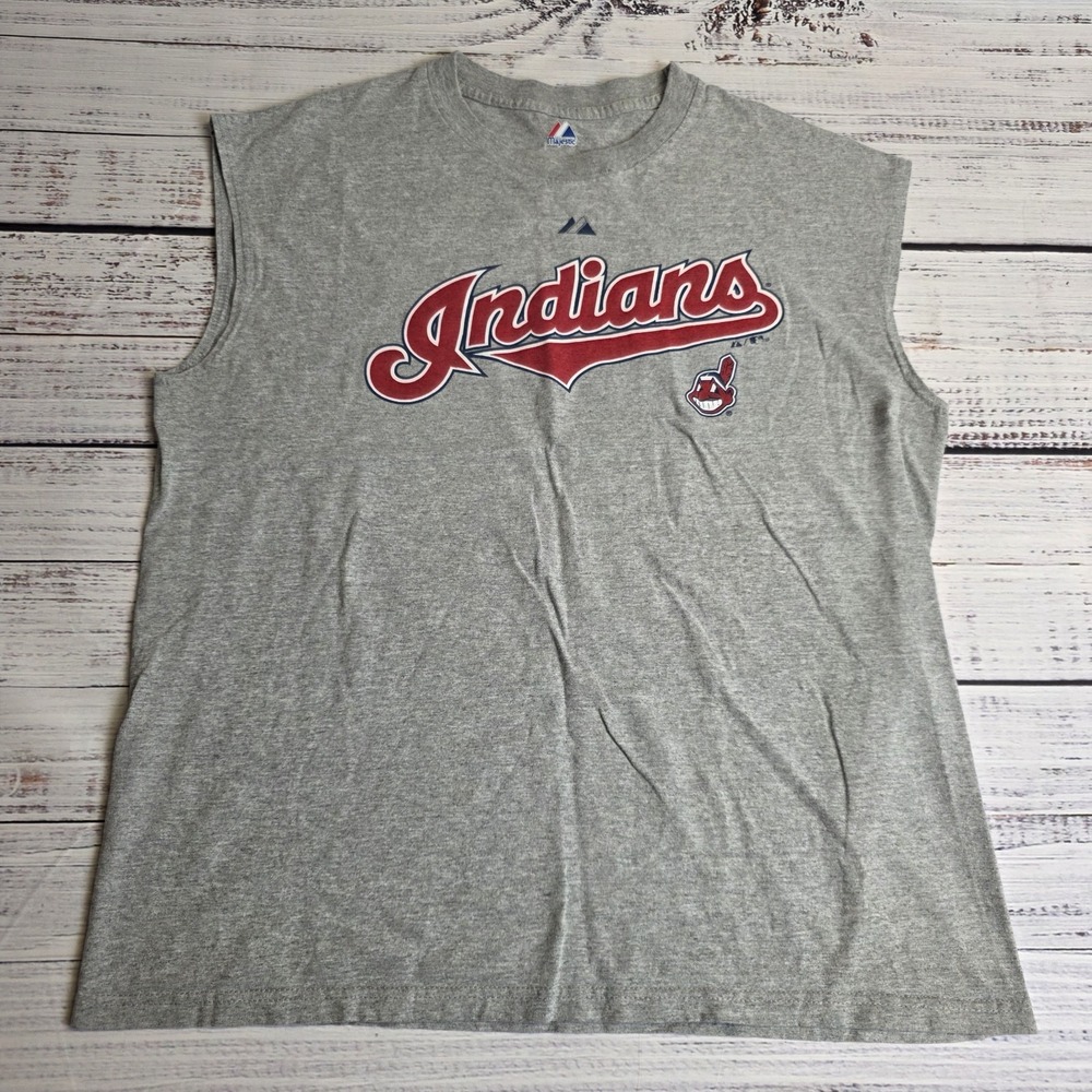 Majestic 2010 Cleveland Indians Cutoff Shirt Mens Large Gray Chief Wahoo Script - Picture 1 of 7